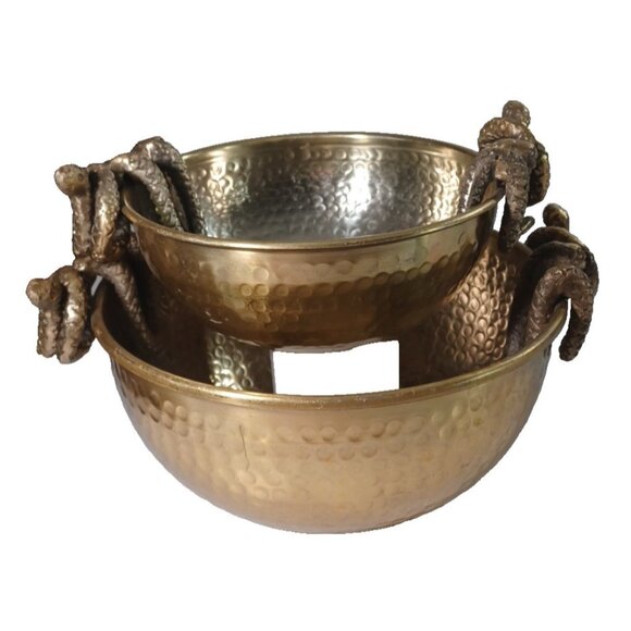 Set Of 2 Gold Hammered Brass ? Bowls With Snake Handles Vintage Decorative Uniqu - Picture 3 of 13